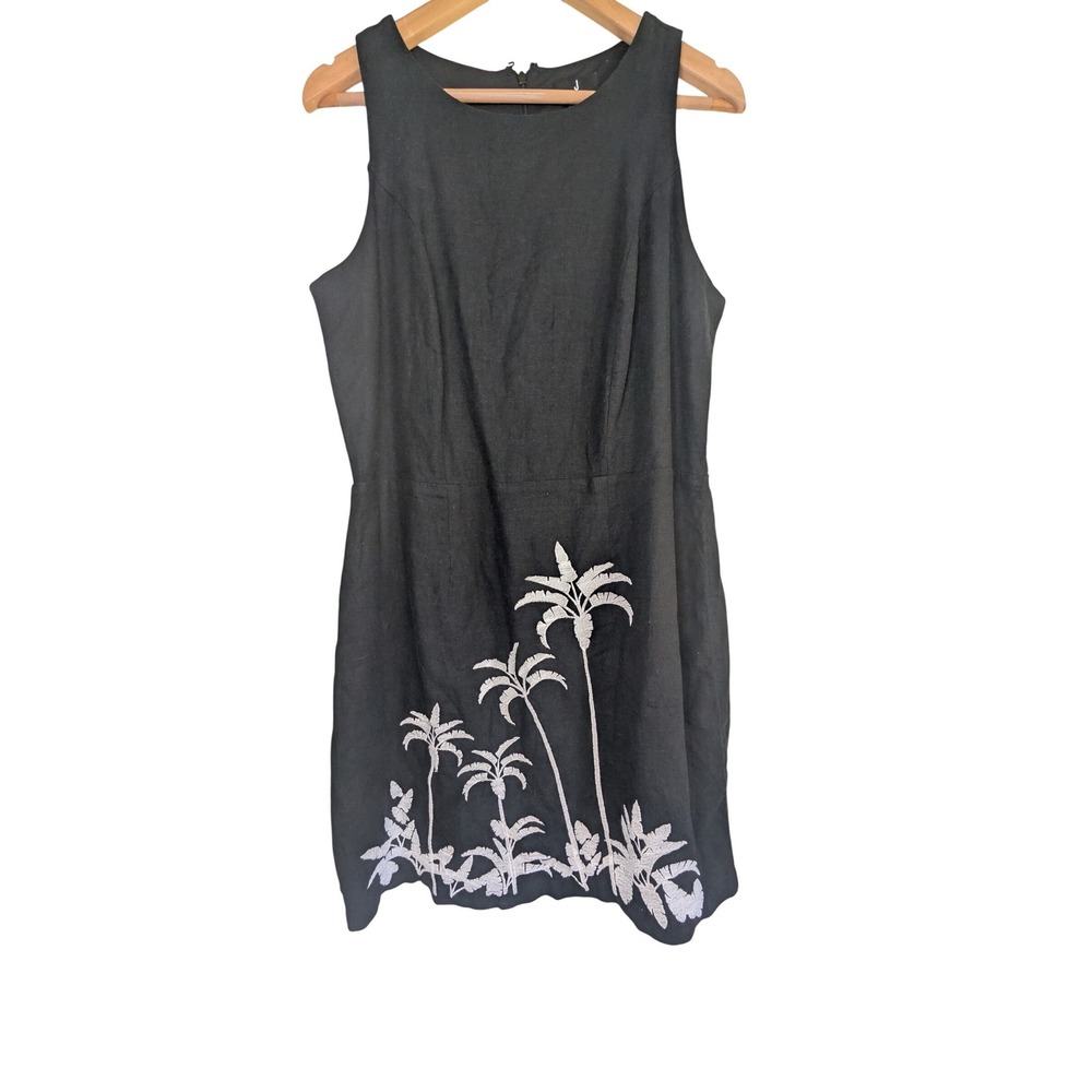J Jason Wu Embroidered Shift Dress Womens 12 Black Linen Blend Palm Tree Resort
